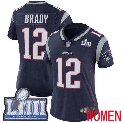 New England Patriots Football 12 Super Bowl LIII Limited Navy Blue Women Tom Brady Home NFL Jersey